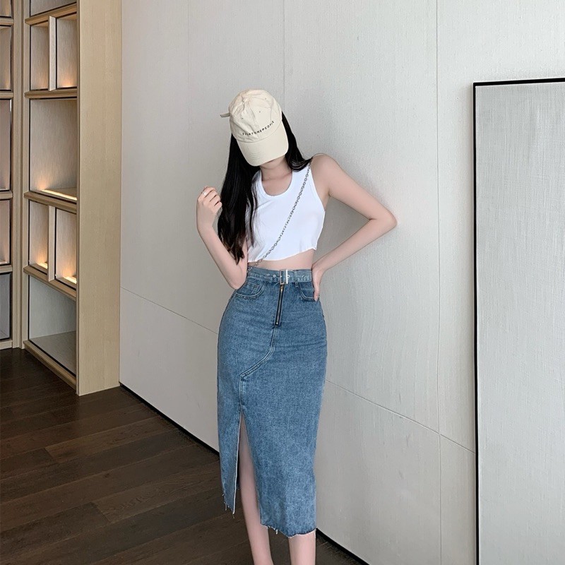 Chân váy bò khoá xẻ tà | BigBuy360 - bigbuy360.vn