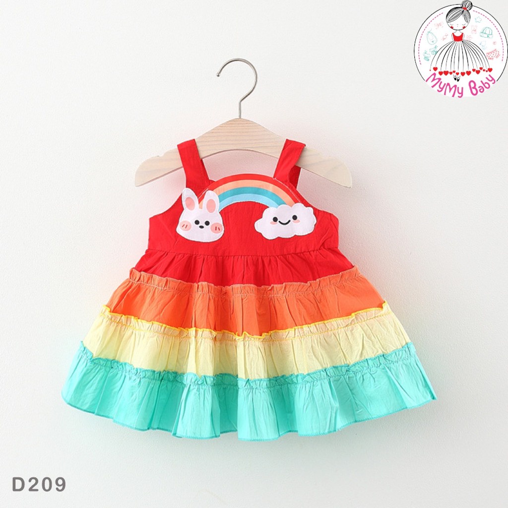 Đầm đỏ cầu vồng thỏ, đầm bé gái, váy bé gái, đồ bé gái
