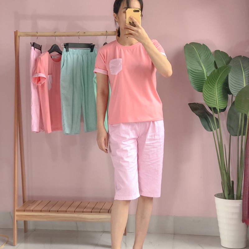 Bộ mặc nhà nữ , chất cotton mịn mát, phối tay gập túi ngực, áo cộc tay quần ngố chất thô mềm