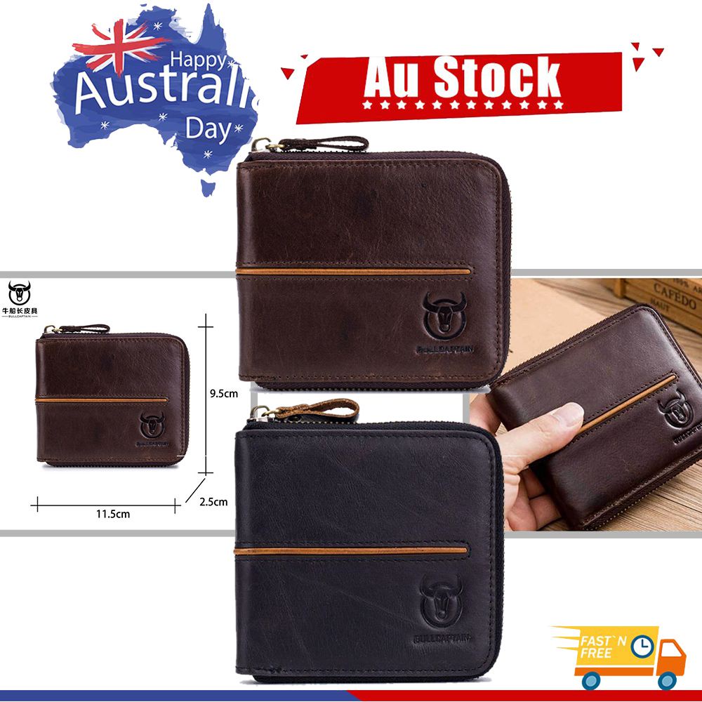 Ví RFID BULLCAPTAIN bằng da bò thật có ngăn đựng thẻ phối khóa kéo thời trang cho nam