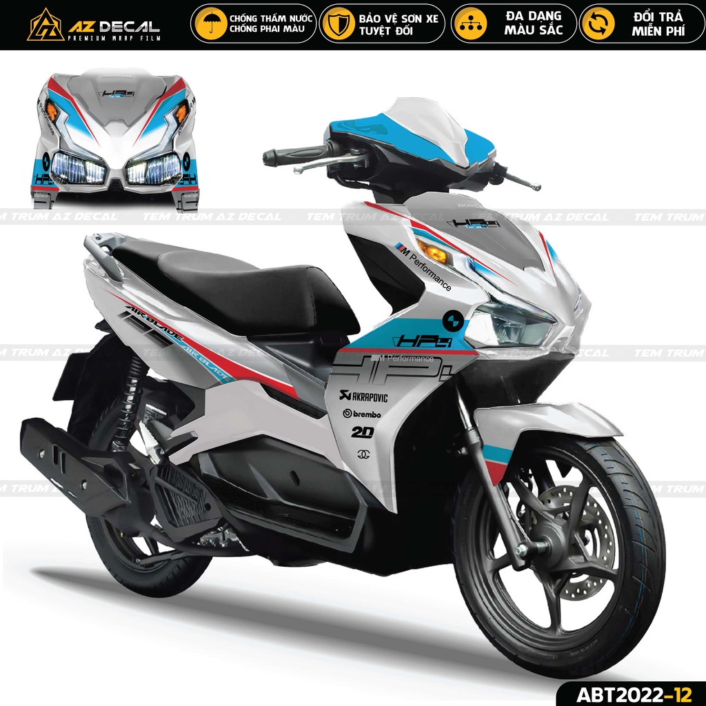 Tem Trùm Xe Airblade Mẫu HP4 | ABT2022-12 | Decal Dán Xe AB 2020 - 2022 Đẹp Màu Đen Xanh, Trắng Xanh, Xám Đen
