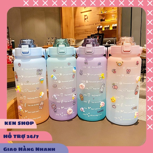 Bình đựng nước có vòi nhắc nhở uống nước dành cho người lười bình đựng nước 2l cute có ống hút vạch chia giờ Kenshop