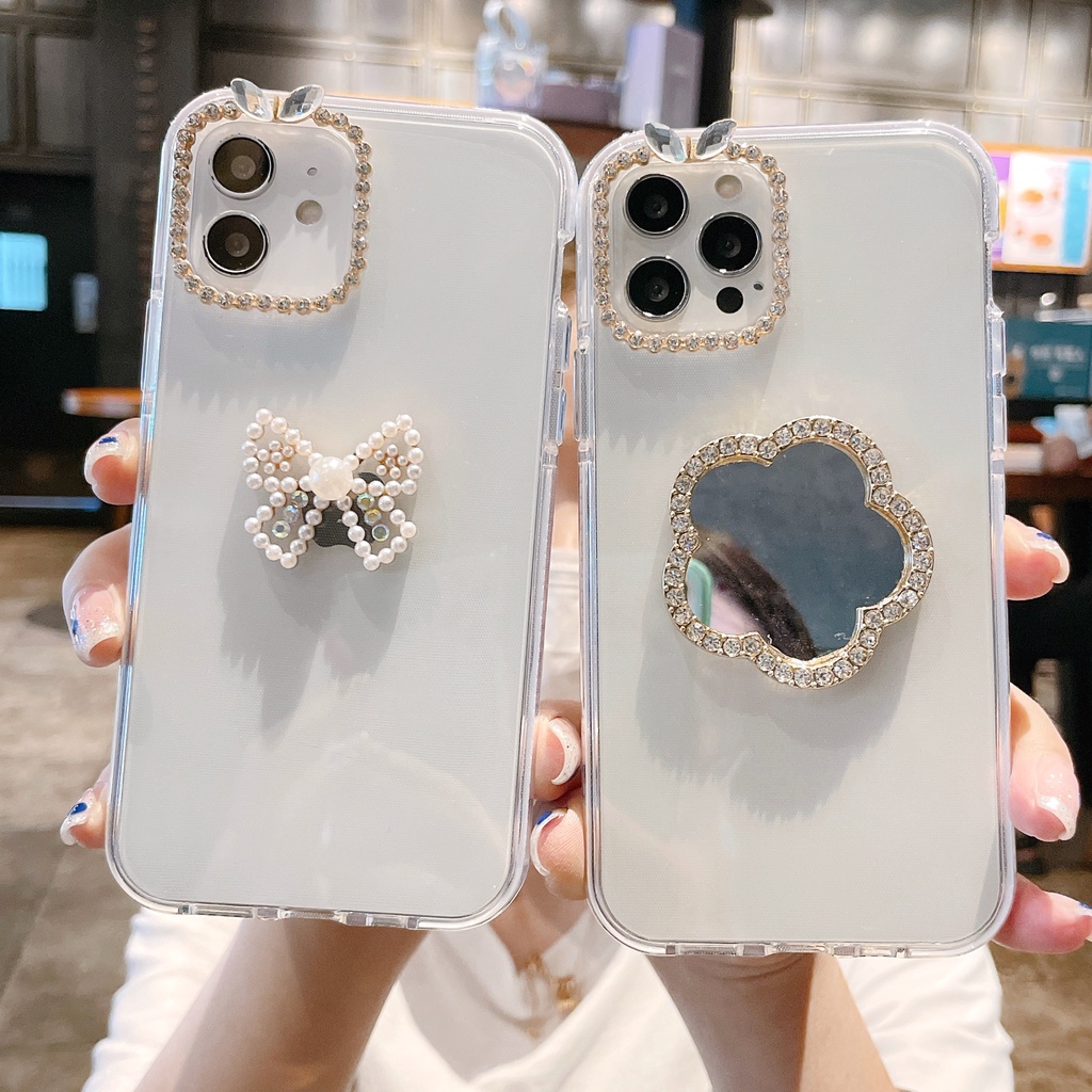 Ốp Điện Thoại Đính Đá Có Gương Trang Điểm Chống Trượt Dành Cho Iphone 12 Mini 11 Pro Max Xr X Xs 7 8 Plus