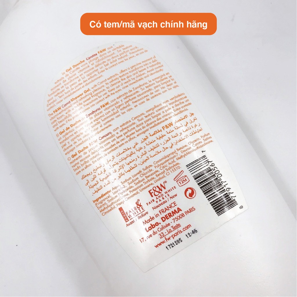 Sữa tắm cà rốt F&amp;W Shower Gel Carrot 1000ml dưỡng trắng, nâng tông da