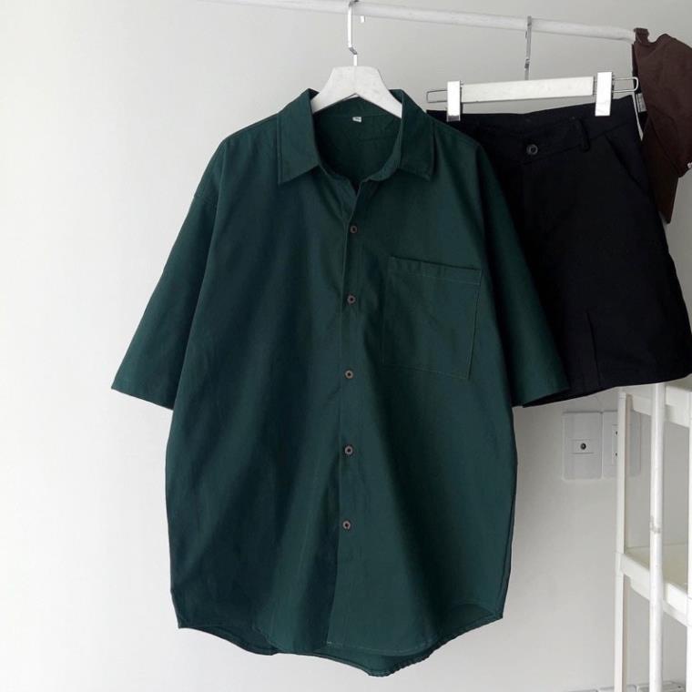 Áo Sơ Mi Tay Ngắn Trơn 1 Túi Màu Xanh Unisex