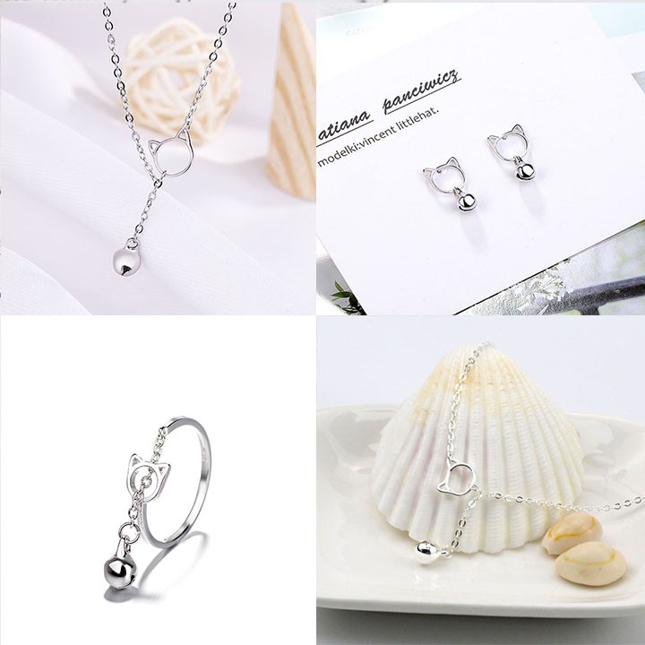 Bộ Trang Sức Bạc S925 Italy - Bộ Trang Sức Sét 4 Món Chuông Mèo Xinh Xắn - Dây Chuyền , lắc, Nhẫn, Bông BTSB10