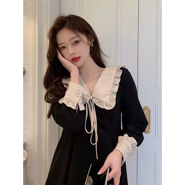 ĐẦM NỮ CHỮ A MÀU ĐEN CÓ CỔ VIỀN TRẮNG THẮT NƠ #ĐẦM