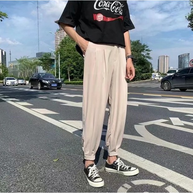 Triple A💕Summer ice silk pants men's thin loose drape casual trousers ins Korean version of the trend of Harlan nine-point trousers tide