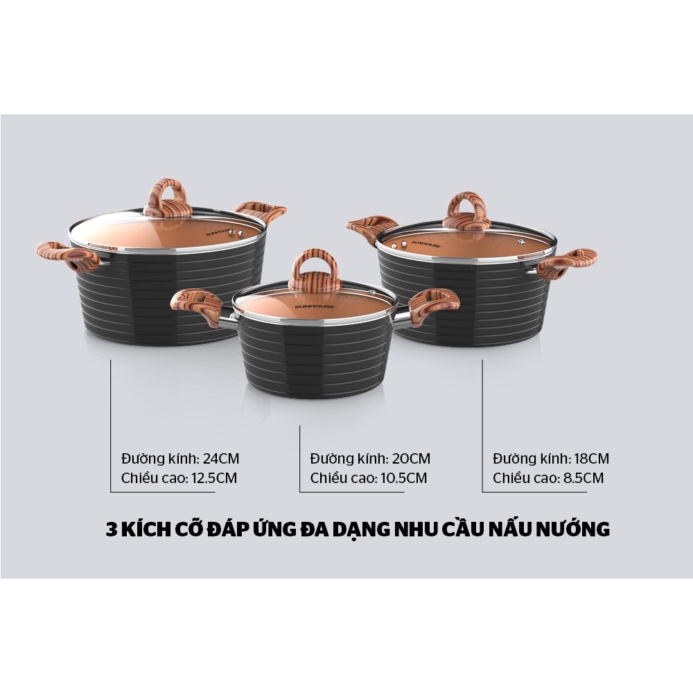 BỘ NỒI CHẢO CHỐNG DÍNH CERAMIC ĐÁY TỪ SUNHOUSE SHG2004MCA (TẶNG 10 KHẨU TRANG 4D)