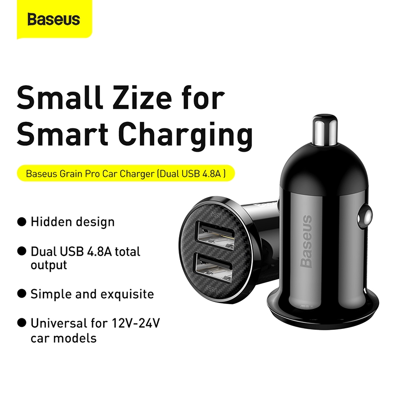 Tẩu Sạc Baseus Mini Cho ĐT táo12/Xiaomi/Samsung/Huawei Cổng USB Kép 2.4A Dùng Trên Xe Ô Tô