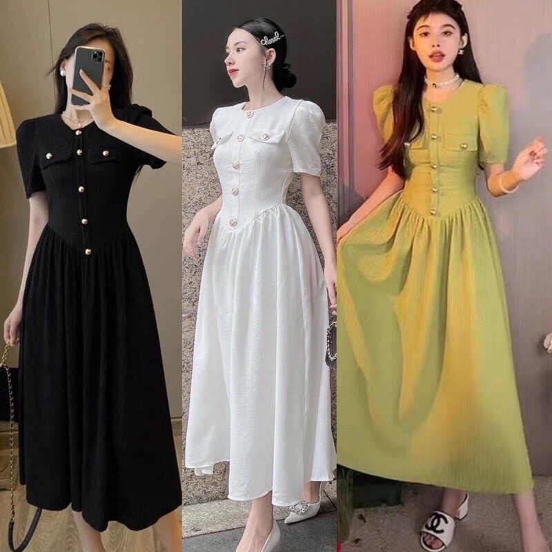 Váy Cúc Ngọc Dáng Dài Váy Tay Bồng Nắp Túi Sang Chảnh Mã0909 Lanushop