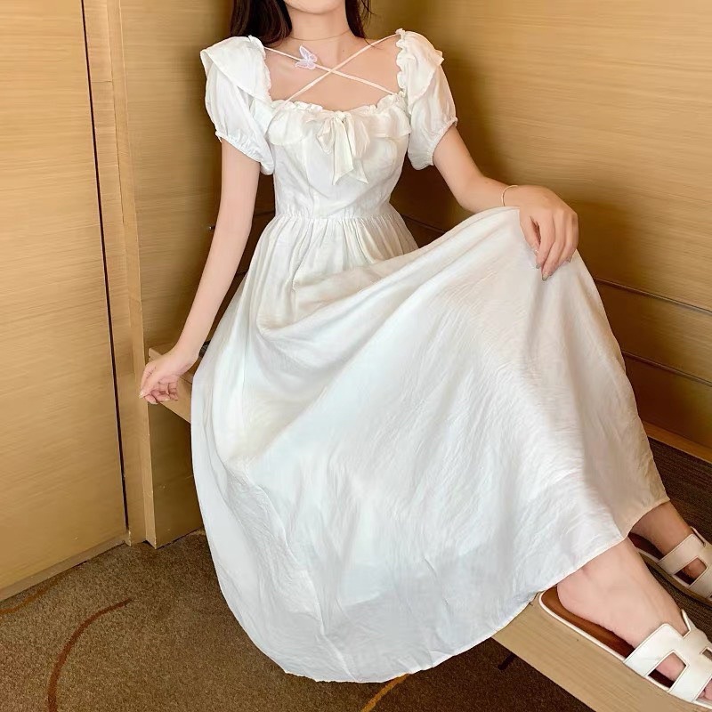 ĐẦM CỔ BÈO NƠ CHÉO DÂY NGỰC MIDI