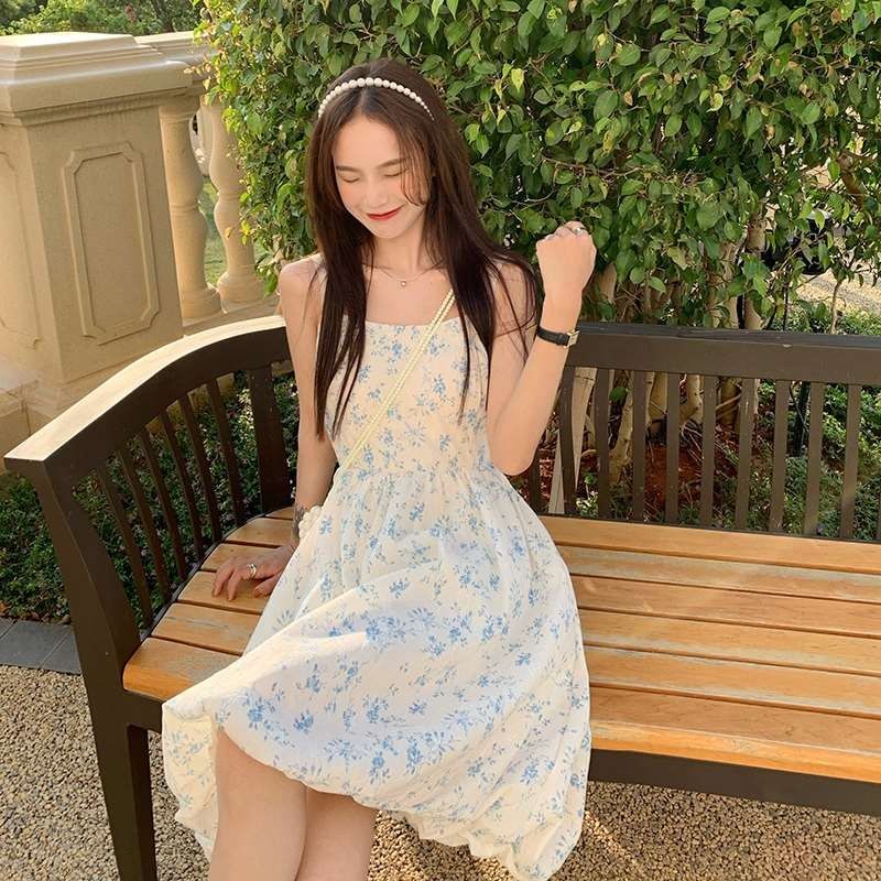 Đầm Hai Dây Họa Tiết Hoa Thắt Nơ Phong Cách Pháp Ngọt Ngào Cho Nữ