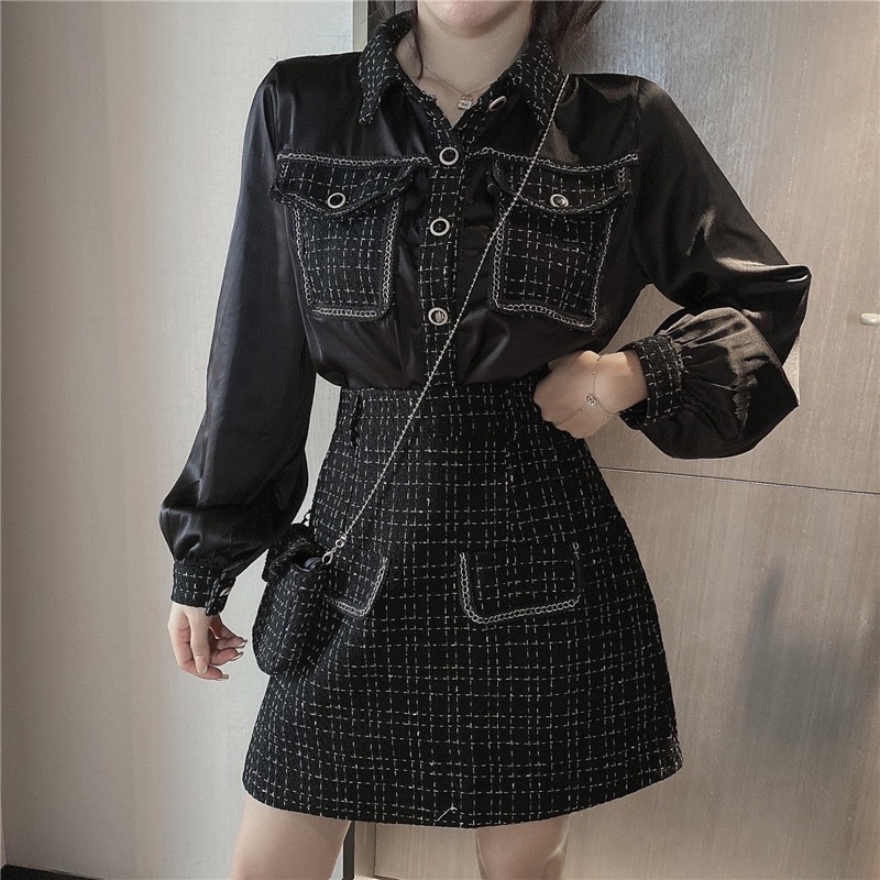 Set áo sơ mi chân váy dạ QC