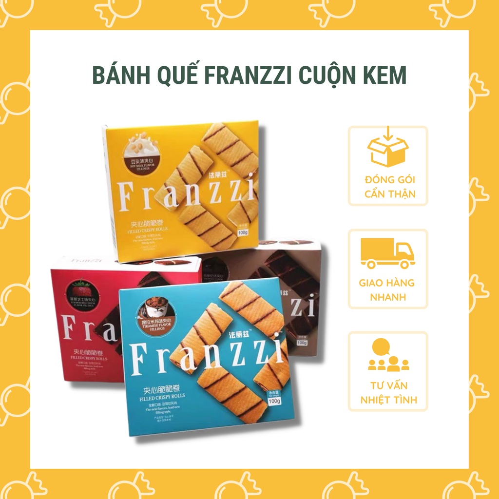 Bánh Quế Cuộn Kem FRANZZI Vỏ Bánh Giòn Tan Nhân Kem Thơm Ngon Béo Ngậy 4 Vị Dâu Tiramisu Sữa Cacao Hộp 100g