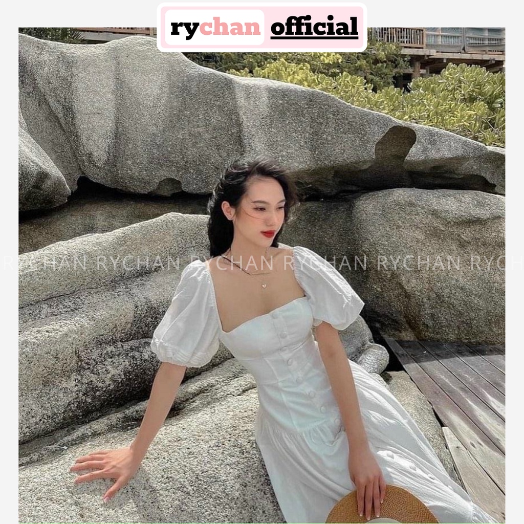 Đầm Maxi Trắng Đi Du Lịch Biển Cổ Vuông Nút Bọc 3 Tầng Lót Trong Dày Dặn [Ảnh Thật Cuối] - DX0038