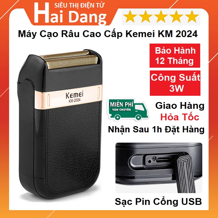 Máy Cạo Râu Khô, Lưỡi Cắt Kép Kemei KM-2024 Sạc USB Thông Minh Tặng 1 Đầu Thay Thế - Bảo Hành 12 Tháng