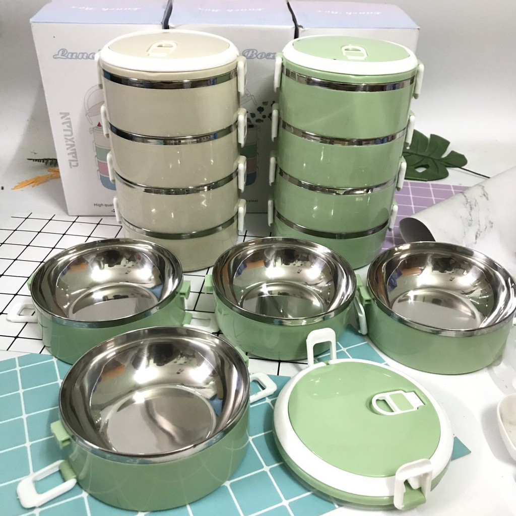 Hộp Đựng Cơm Lúa Mạch 4 Tầng Cao Cấp Bằng Inox Giữ Nhiệt Siêu Tiện Lợi - Cặp Lồng Giữ Nhiệt Lúa Mạch 4 Tầng