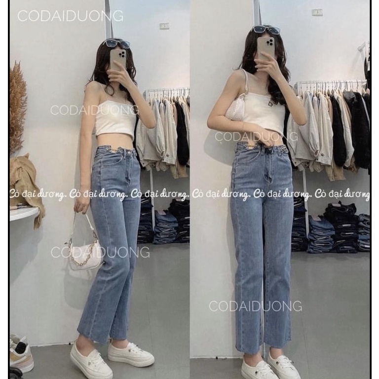 Quần jeans suông giãn pha cạp xích oze