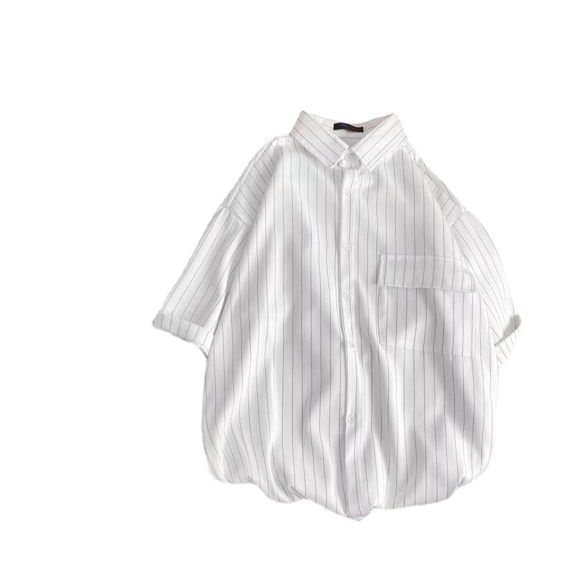 Áo sơ mi tay ngắn dáng rộng họa tiết kẻ sọc phong cách thời trang hong kong cho nam giới size M-3XL