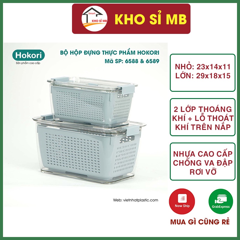 Hộp đựng thực phẩm tủ lạnh Hokori 2 lớp, có lỗ thoát khí, hộp nhựa đựng rau củ quả kho sỉ mb