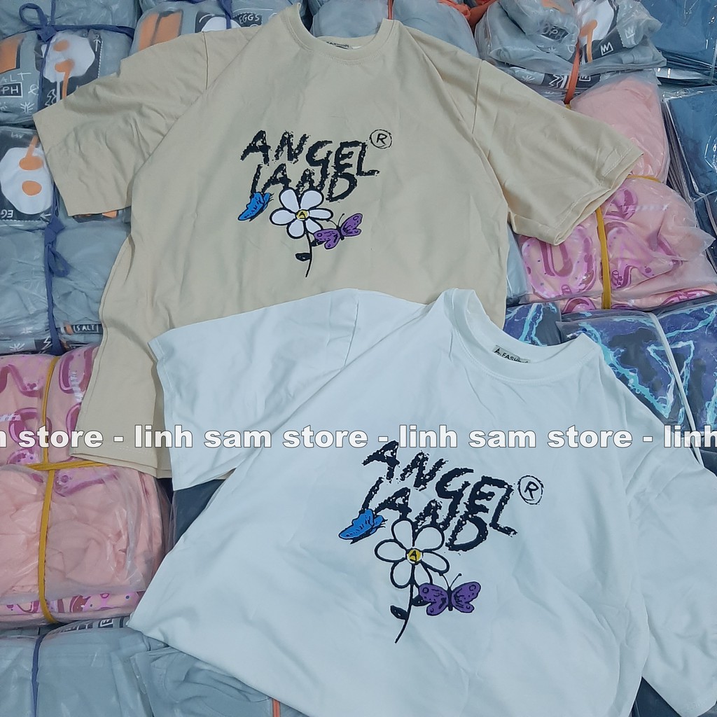 Áo thun tay lỡ nữ freesize phông form rộng dáng Unisex, mặc lớp, nhóm, cặp in hình BÔNG HOA CON BƯỚM chữ ANGEL LAND