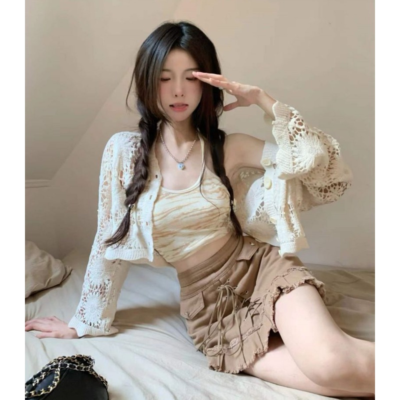 QKOOLE  Áo Khoác cardigan + Áo Sát Nách Nhuộm Màu Thời Trang Hàn Quốc Cho Nữ