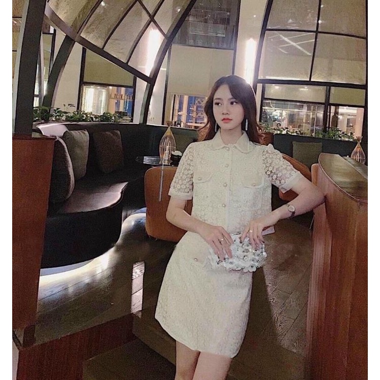 Set Áo Crop Top Chân Váy Ren Dự Tiệc AU.Design Phong Cách Hàn Quốc
