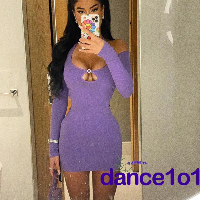 dance1o1-Women´s Long Sleeve Cutout Solid Color Halter Bodycon Mini Dress