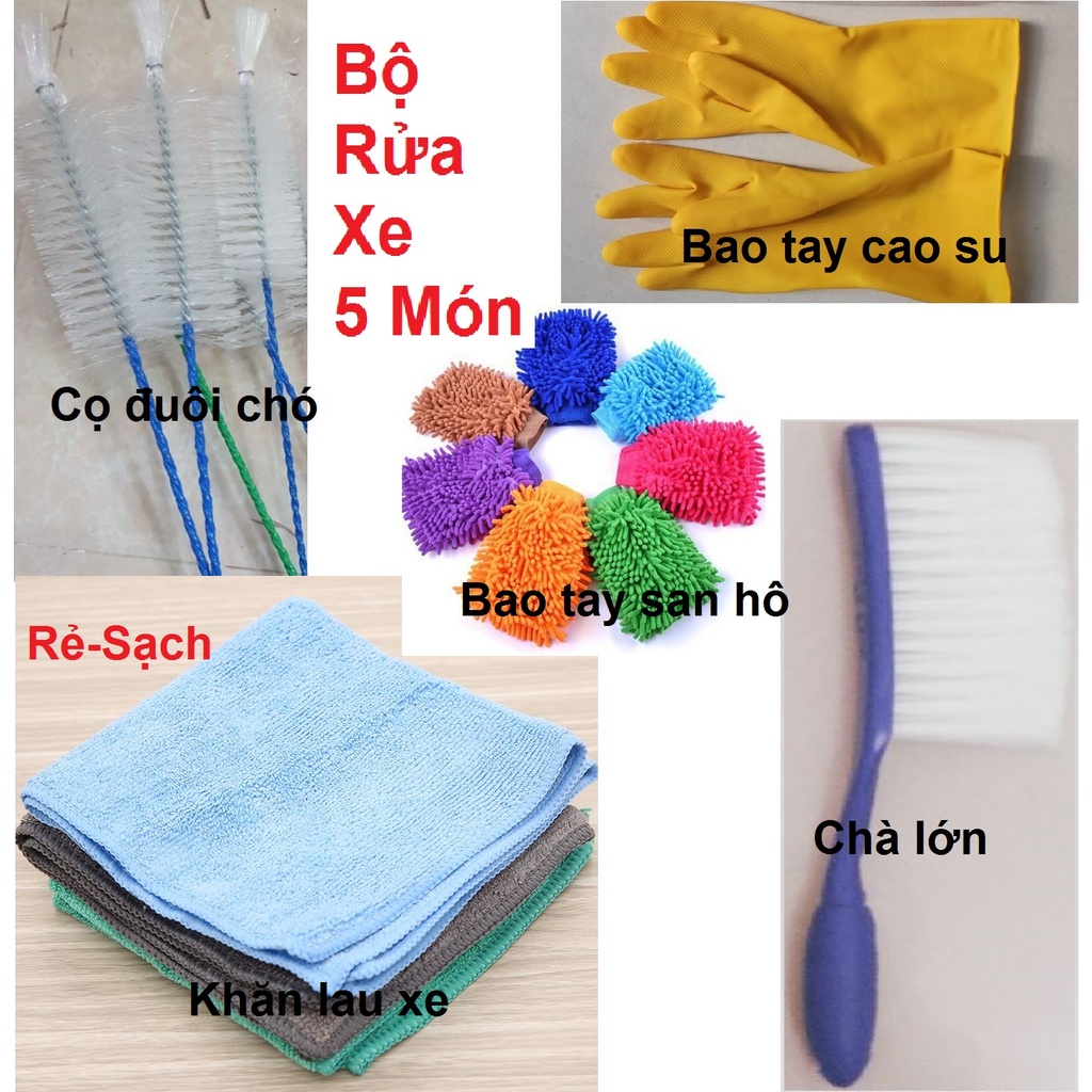 [SALE]Bộ dụng cụ 5 món rửa xe (Bao tay san hô rửa xe-Cọ đuôi chó-khăn lau xe-bàn chải chà rửa xe-bao tay cao su) giá mềm