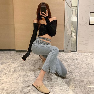 Quần dài lưng cao ống loe đính đá thời trang trẻ trung