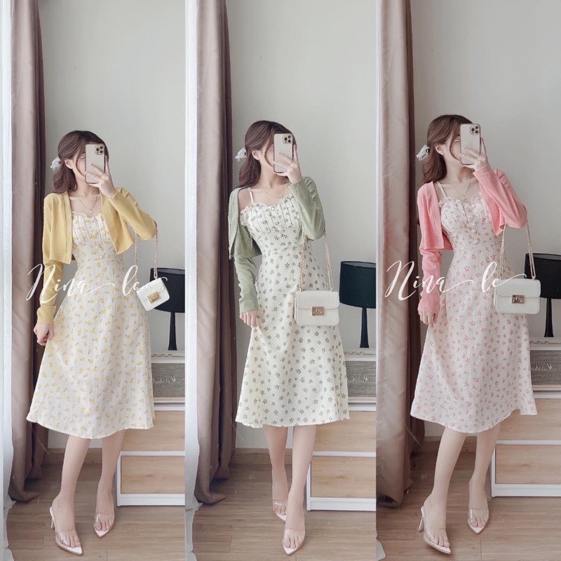 Váy 2 dây nữ hoa nhí dáng dài hàng QC cao cấp loại 1, Set váy hoa nhí 2 dây kèm áo Cardigan mặc đi biển bao xinh