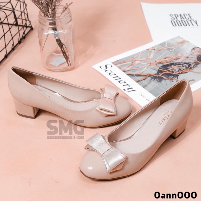 Giày cao gót 3 phân mũi tròn gót vuông Annmodels phối nơ lụa _A893NLUA [HỖ TRỢ ĐỔI SIZE ]