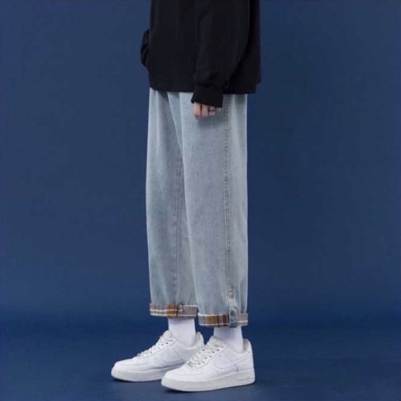 Quần bò nam nữ ống suông xắn gấu - Quần jean ống rộng  unisex cực chất