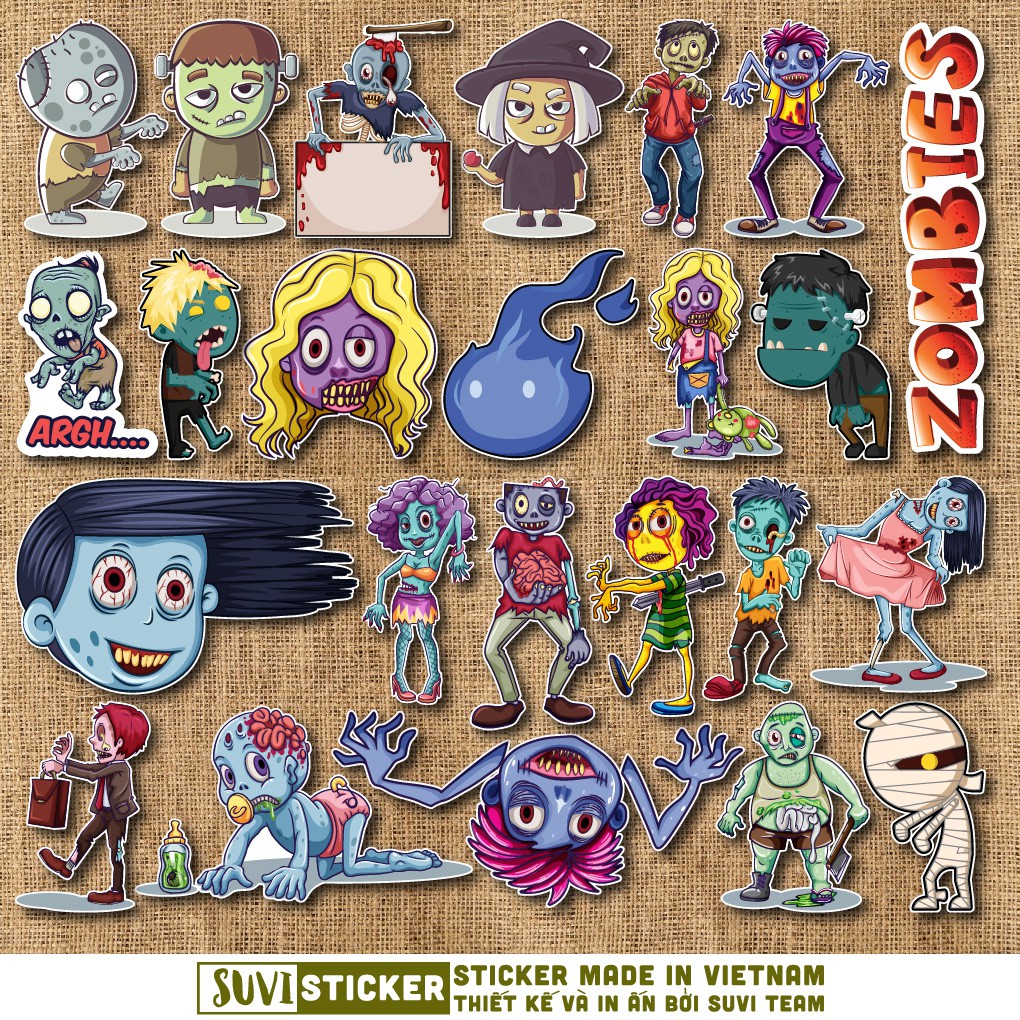 50 Sticker Zombie chống nước sticker dán mũ bảo hiểm, laptop, điện thoại, đàn guitar, vali. MSP: NS12