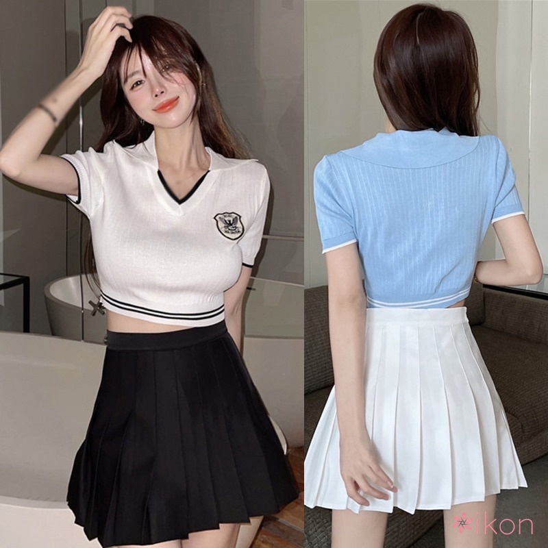 Áo Croptop Dệt Kim Tay Ngắn Cổ Chữ V Phong Cách Hàn Quốc