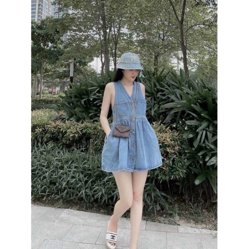 Váy bò sát nách xanh nhạt, chất jean mền đầm dáng xoè-Minxy shop