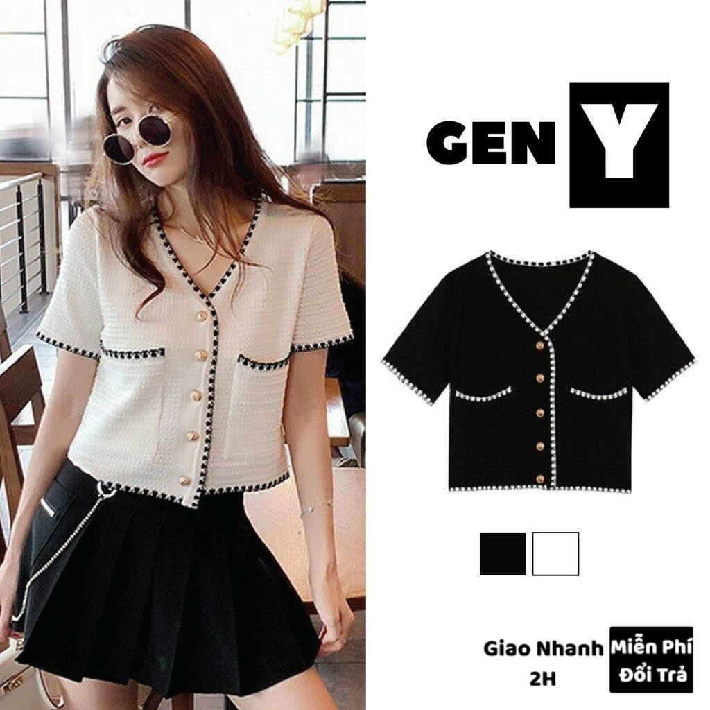 Áo Kiểu Nữ Cổ V Ngắn Tay GenY Áo Croptop Nữ Kiểu Sơ Mi Chất Len Tăm Mềm Mịn