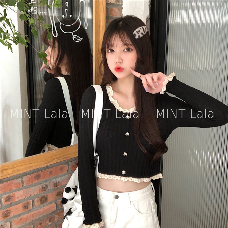 Áo Len Croptop Màu Đen Dài Tay Viền Bèo Dễ Thương