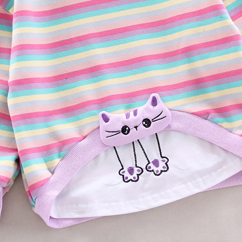 Set Áo Thun Tay Dài Sọc Cầu Vồng + Quần Dài Dành Cho Bé Gái