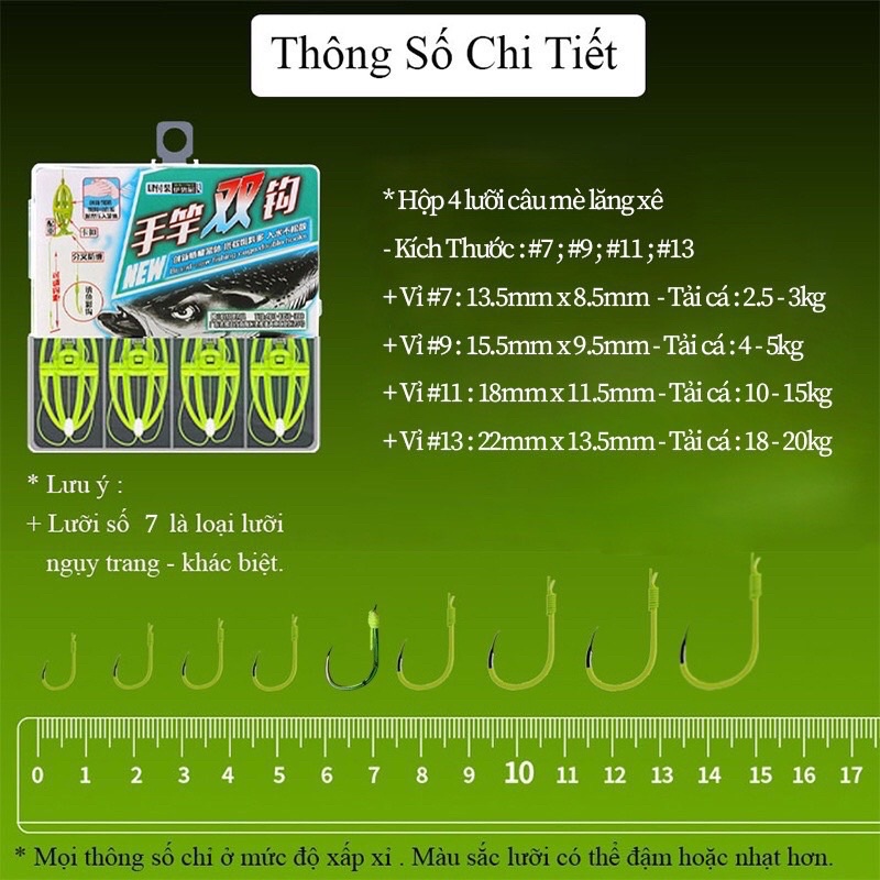 Hộp 4 lưỡi câu mè lăng xê, lưỡi thiết kế thông minh, tạo ổ và thu hút con mồi