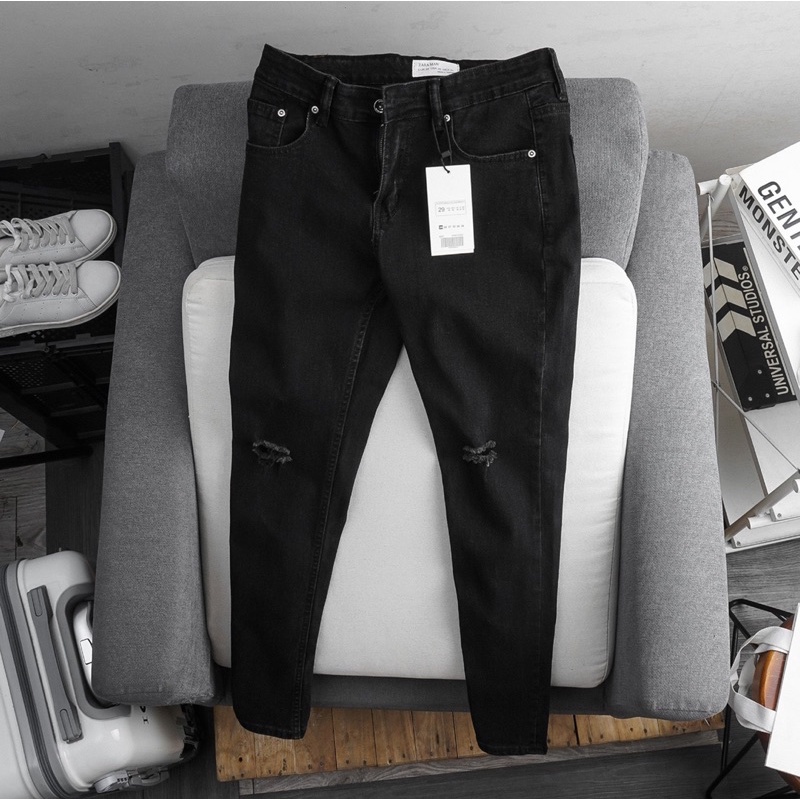 Quần jean nam rách gối cao cấp ôm dáng màu đen slim co giãn
