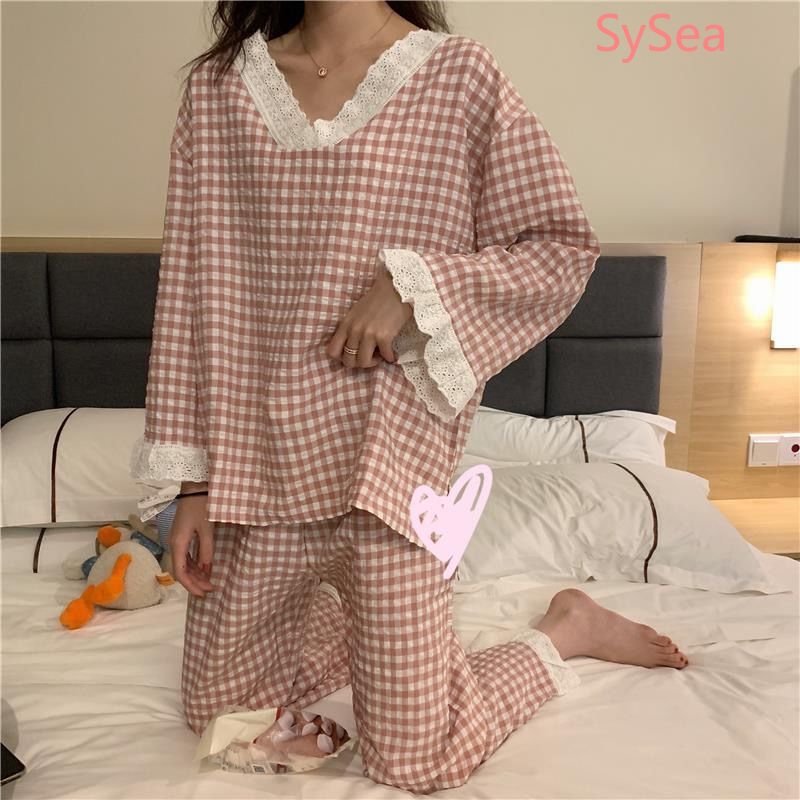 Bộ Đồ Ngủ Tay Dài Kẻ Sọc Phối Ren Thời Trang Mùa Thu Cho Nữ