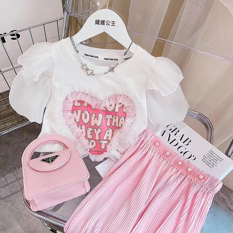 Set Áo Thun Ngắn Tay In Chữ Và Quần Short Phối Lưới Thời Trang Mùa Hè Mới Cho Bé Gái
