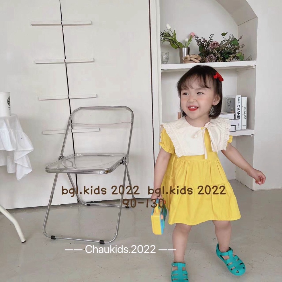 Váy xòe cổ bèo bé gái, váy babydoll 3 tầng cổ bèo trắng cột nơ cho bé gái