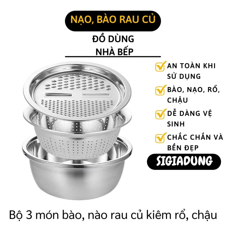 [SGD] Rổ Bào Rau Củ - Bộ 3 Món Bàn Nạo Hoa Quả Kiêm Rổ Và Chậu Inox Cao Cấp Không Gỉ 10034