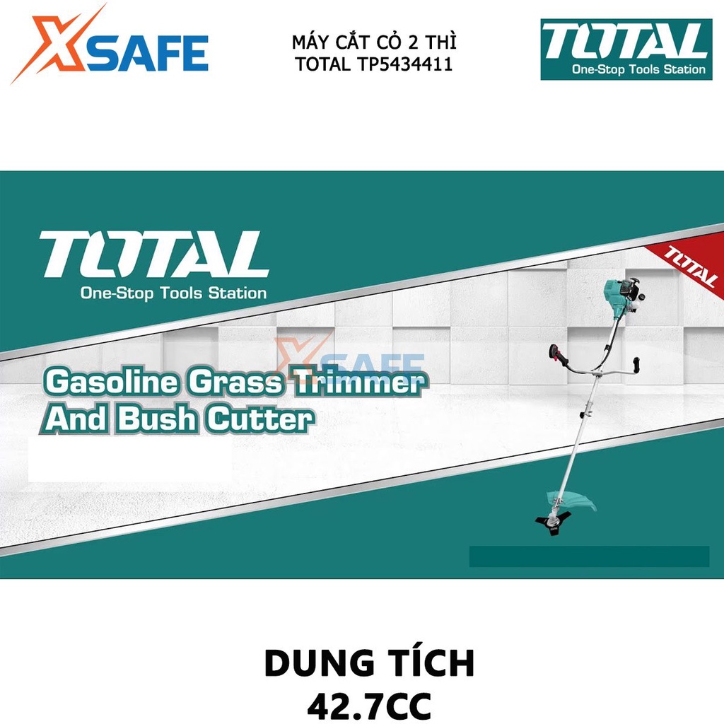 Máy cắt cỏ 2 thì TOTAL TP5434411 dùng xăng pha nhớt, tốc độ tối đa 9000 vòng/phút Đường cắt tối đa 420mm - Chính hãng