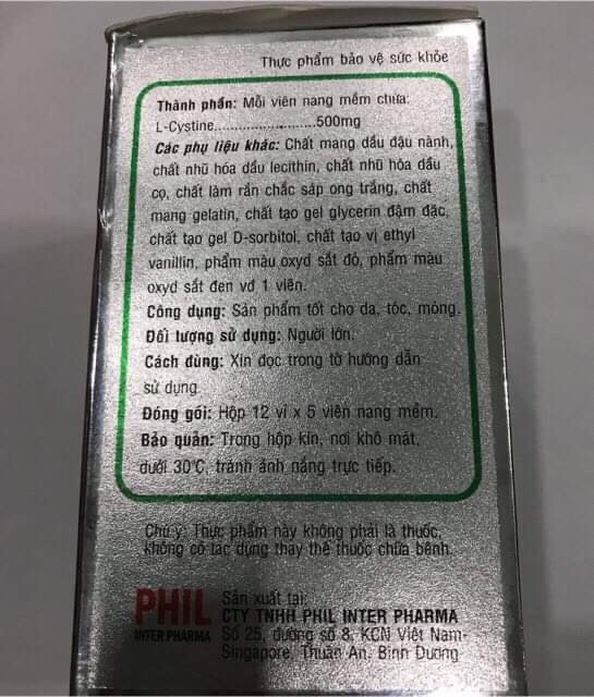 L-cystine (tốt cho da, tóc ,móng) (công ty phil inter Pharma)(hộp 60 viên)
