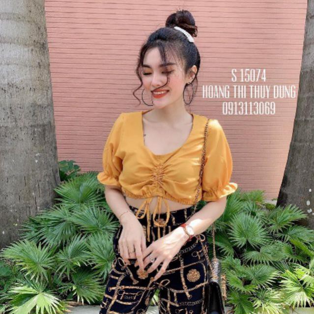 Áo kiểu croptop rút ngực tay dún bèo - MIN Boutiques - Ảnh thật -Vải Kate mát Đẹp 💝