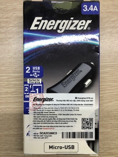 Sạc Ô Tô Energizer 2 Cổng USB 3.4A Kèm Cáp Micro USB - Đen